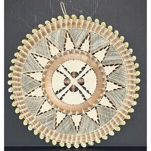 VTG African-Style Wicker Rattan and Cowrie Shell Mandala Boho Wall Hanging 16"